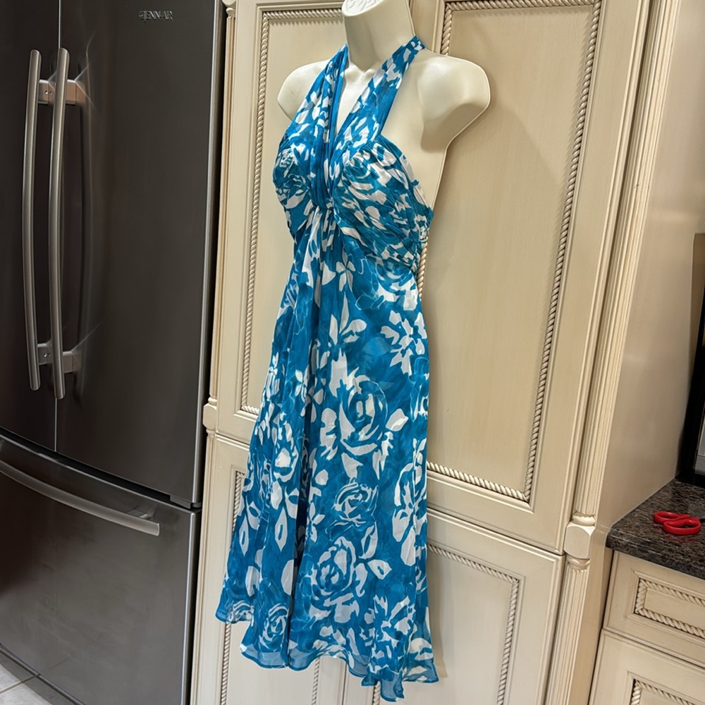 Donna Ricco Turquoise & White Floral Halter Dress Size 2 - Picture 5 of 7